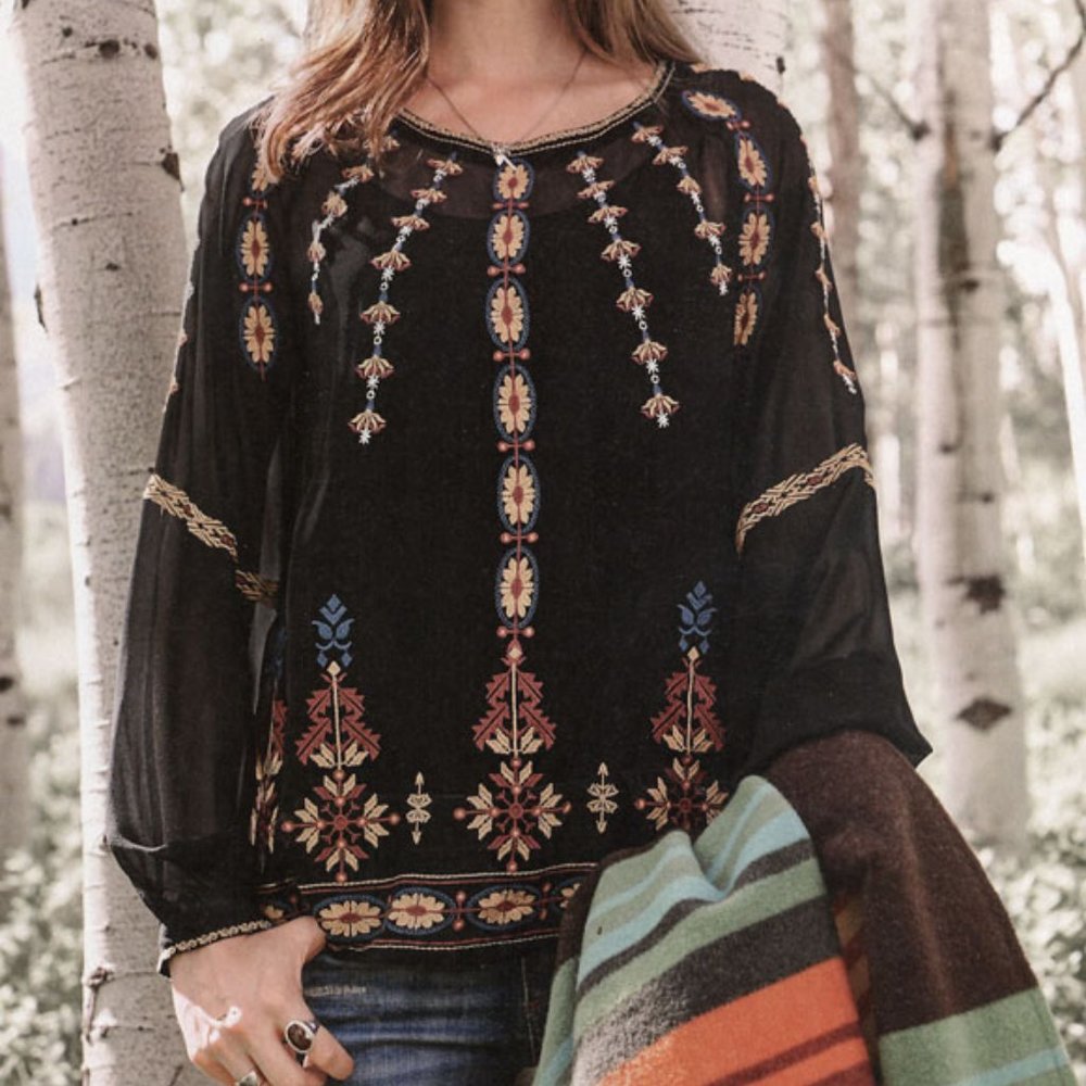 Sundance Catalog Medium Mythical Spirit Black Sheer Silk Blouse Embroidered